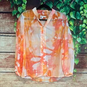 Chicos Button Up Blouse Size US 10 Sheer Floral Watercolor Orange Tropical